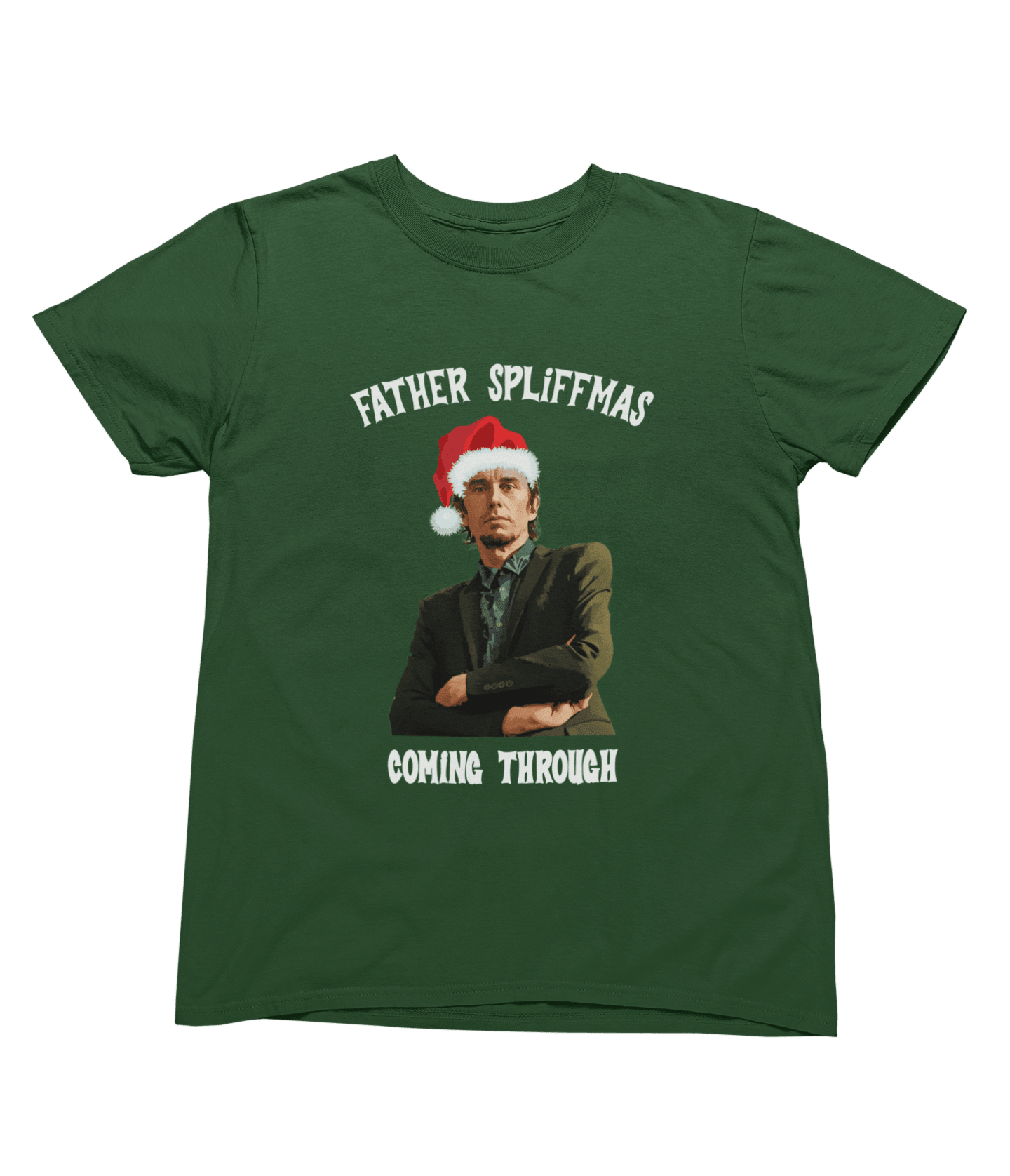 Green t-shirt with Peep Show Super Hans Father Spliffmas Christmas Sweater