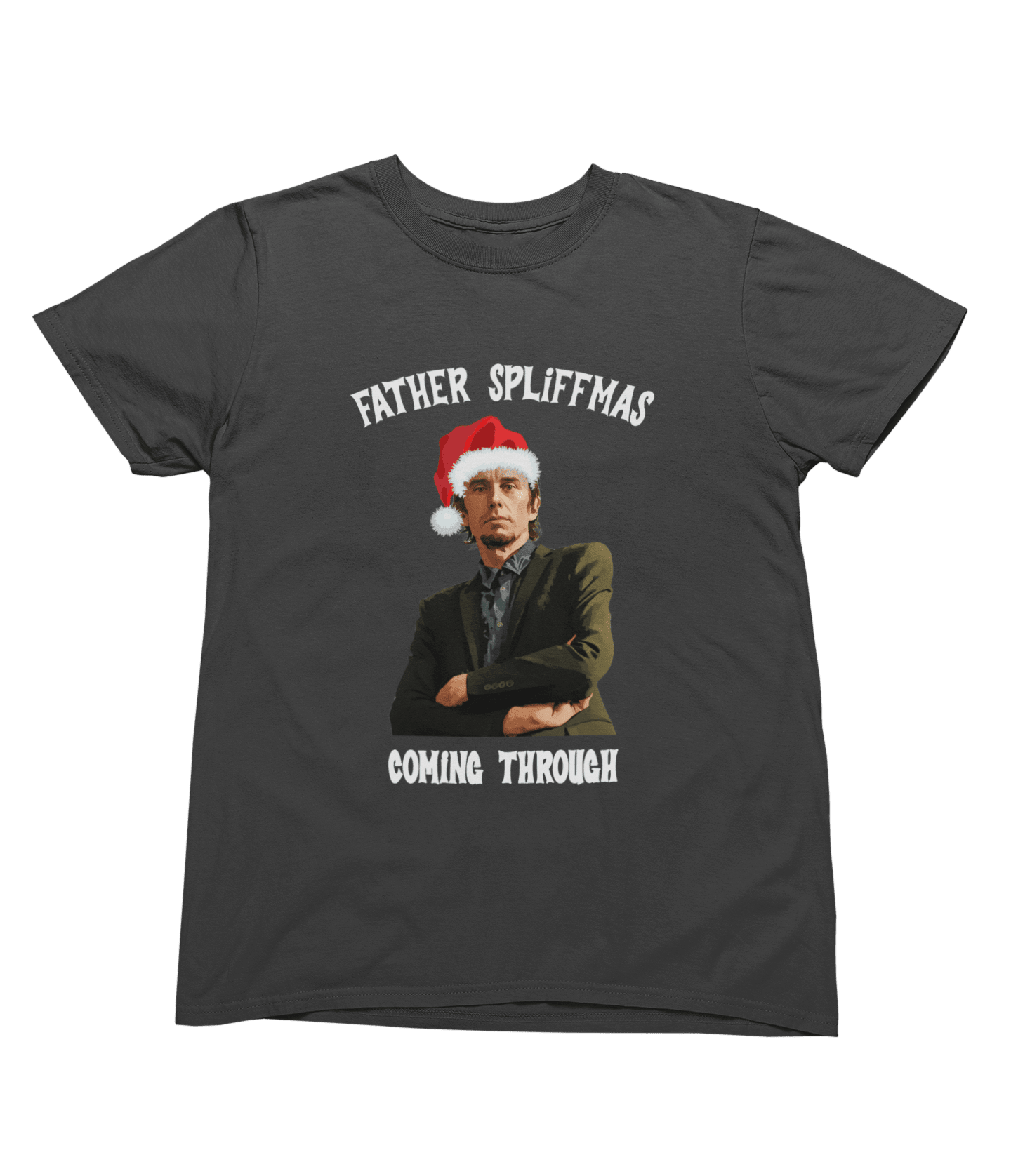 White t-shirt with Peep Show Super Hans Father Spliffmas Christmas Sweater flat lay