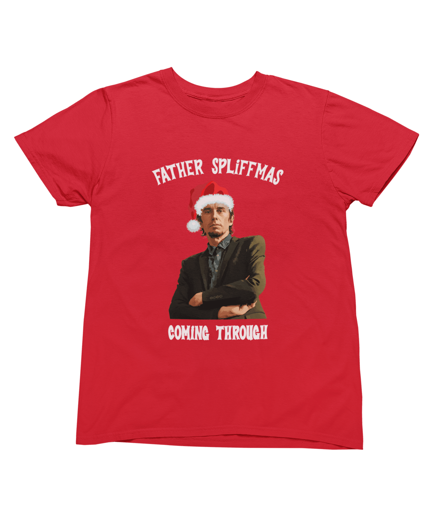 Beige t-shirt with Peep Show Super Hans Father Spliffmas Christmas Sweater wall display