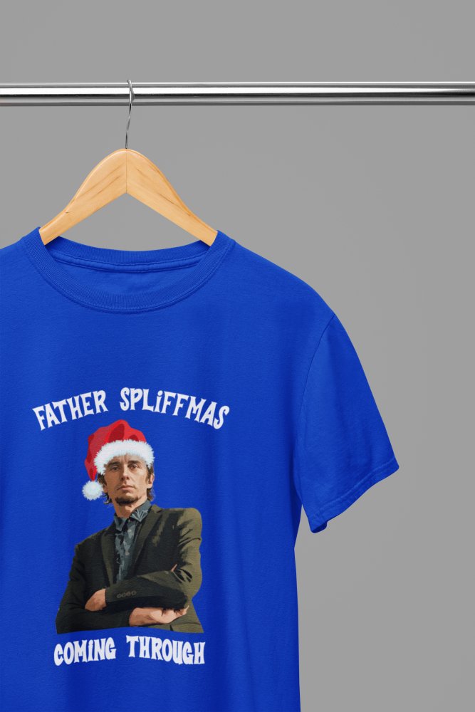 Peep Show Super Hans Father Spliffmas T-Shirt/Sweatshirt Unisex - Funny Holiday TV Show Shirt - Poster Kingz - S - Blue - T-Shirt