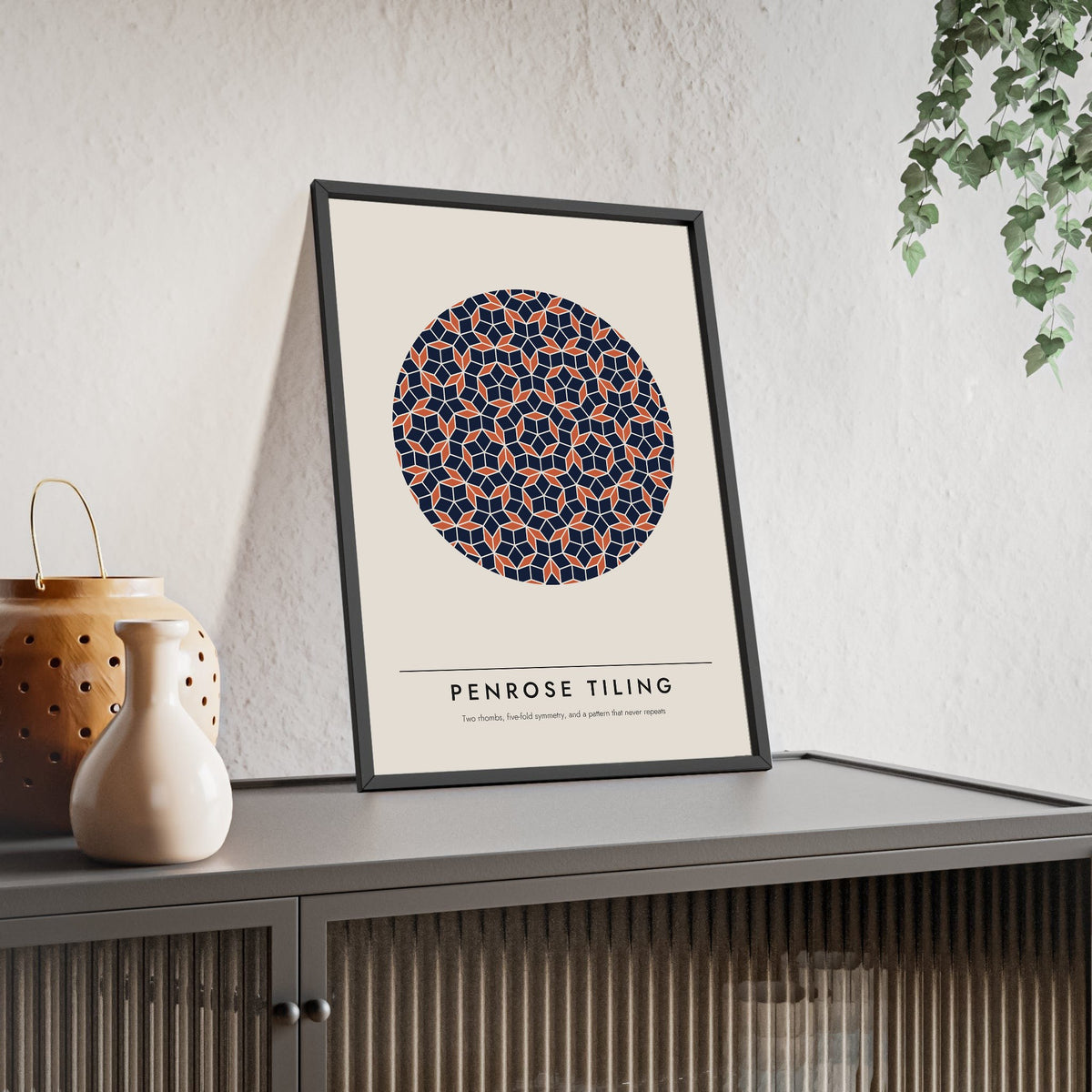 Penrose Tiling print framed and leaning on a sideboard