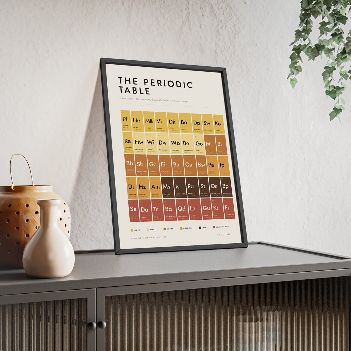 Periodic Table Of Beer Styles print framed and leaning on a sideboard