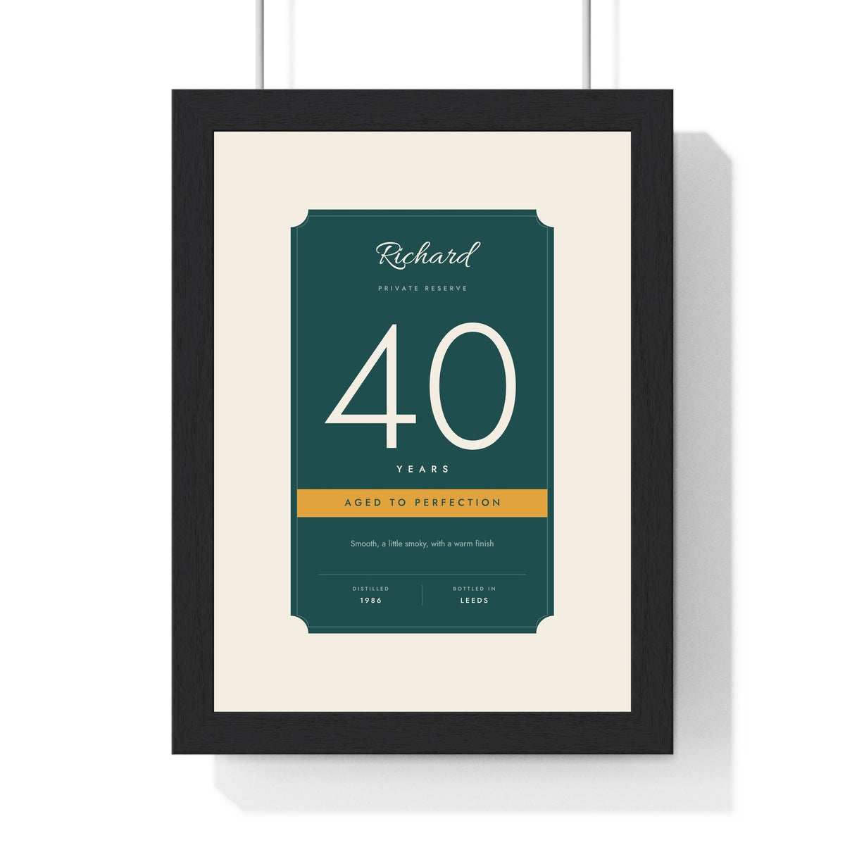 Personalised Aged to Perfection Print - framed teal and mustard 40th birthday label print