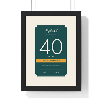 Personalised Aged to Perfection Print - framed teal and mustard 40th birthday label print