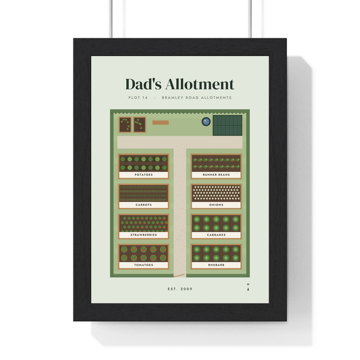 Personalised Allotment Print - framed sage allotment plan print, Dad's Allotment, Plot 14