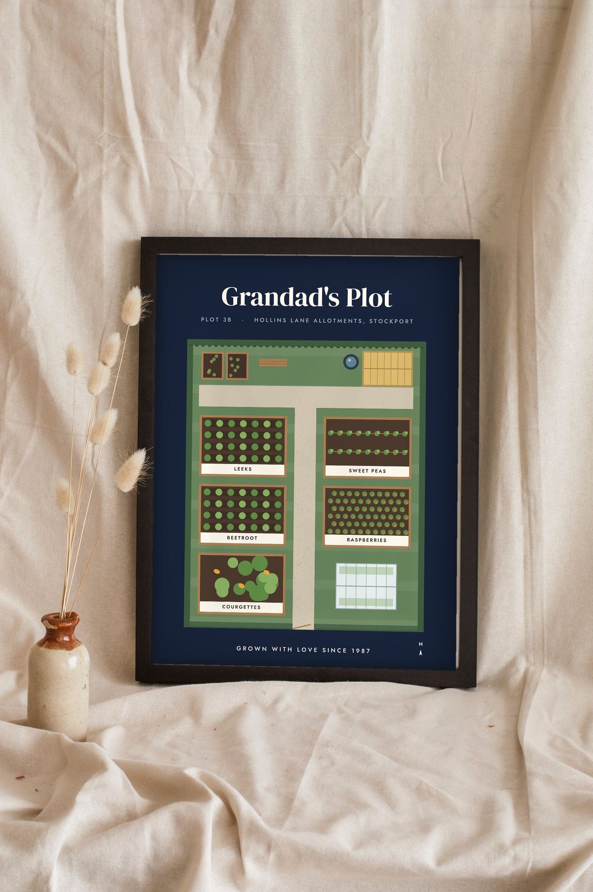 Personalised Allotment Print - navy version for Grandad's plot in Stockport