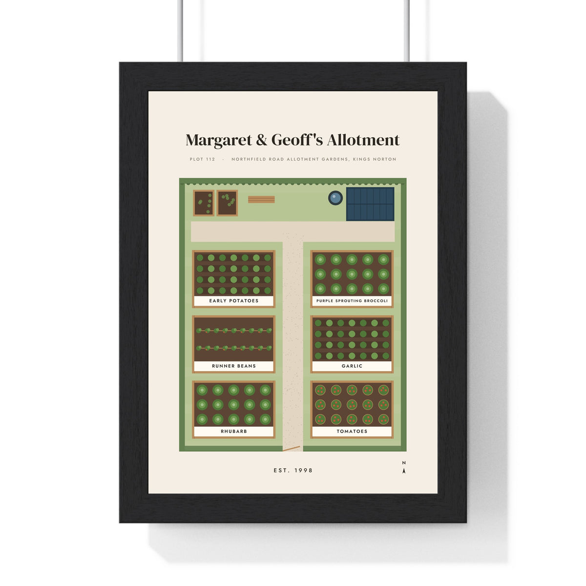 Personalised Allotment Print - cream version with six beds for Margaret and Geoff