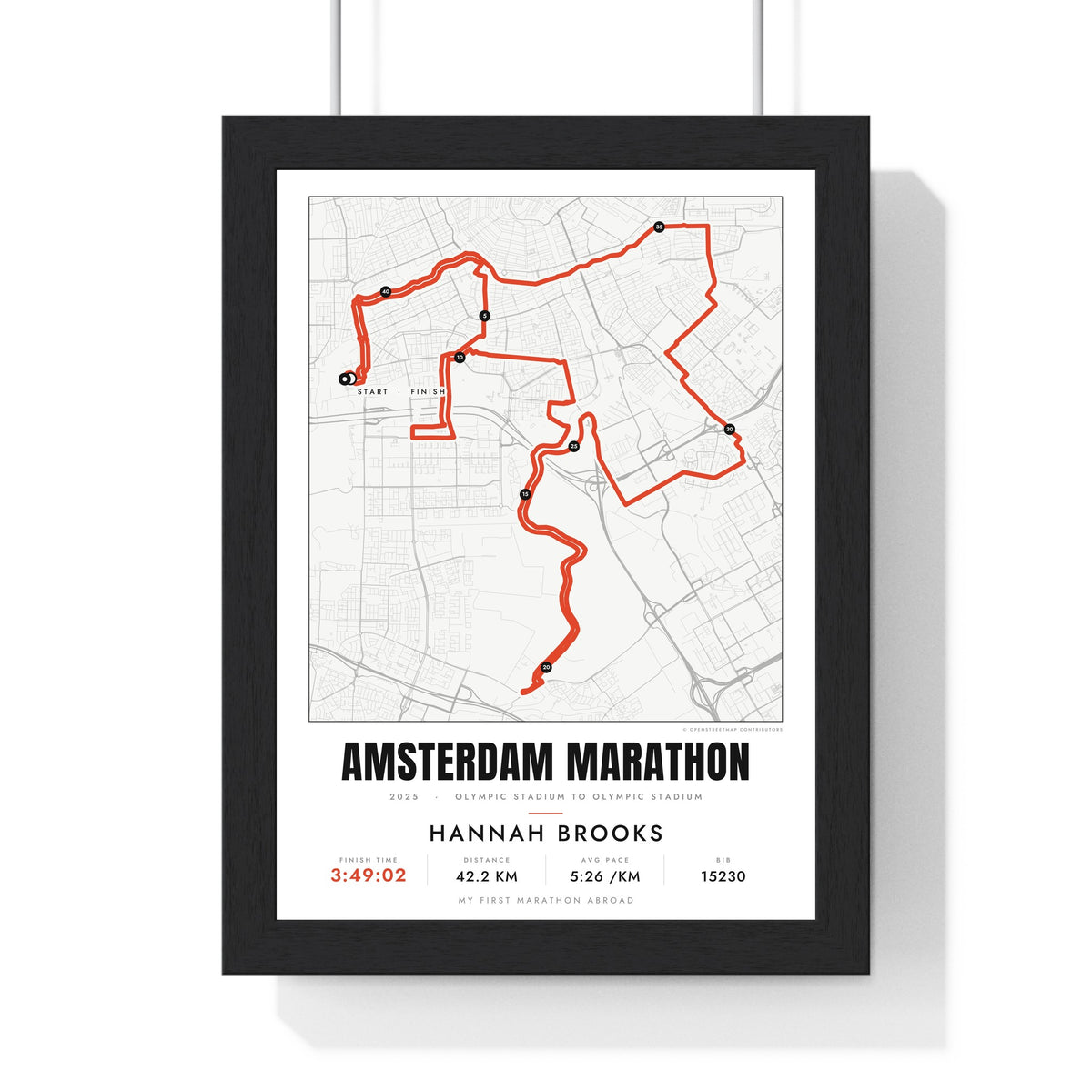 Personalised Amsterdam Marathon Print - framed street map Amsterdam Marathon route print with name and finish time