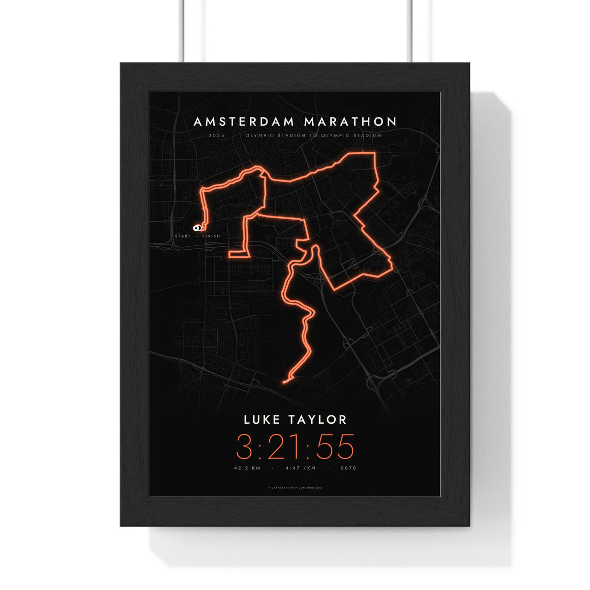 Personalised Amsterdam Marathon Print - framed night style Amsterdam Marathon route print