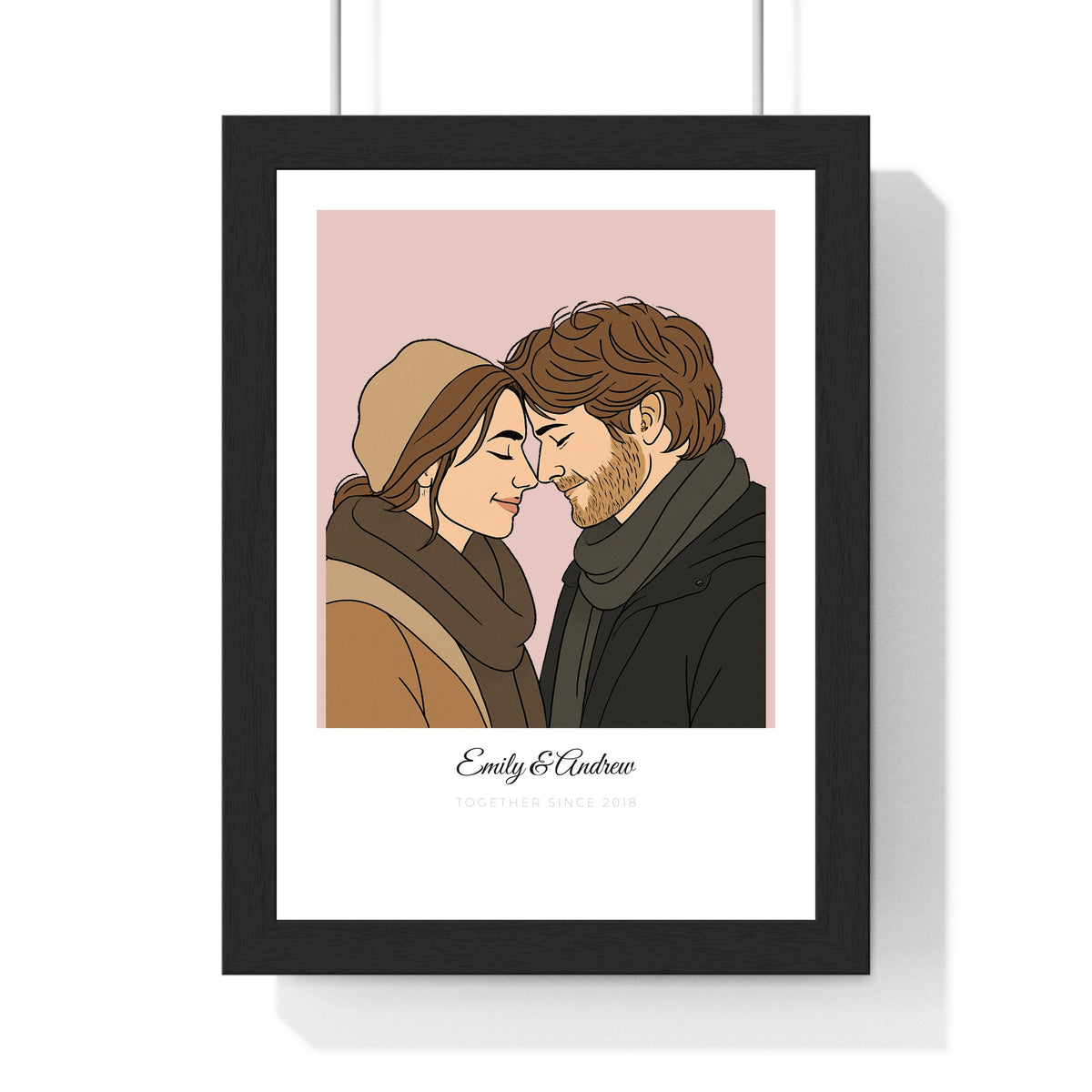 Personalised anniversary line portrait print in a black frame - couple illustrated from a photo on blush pink, Emily & Andrew, together since 2018