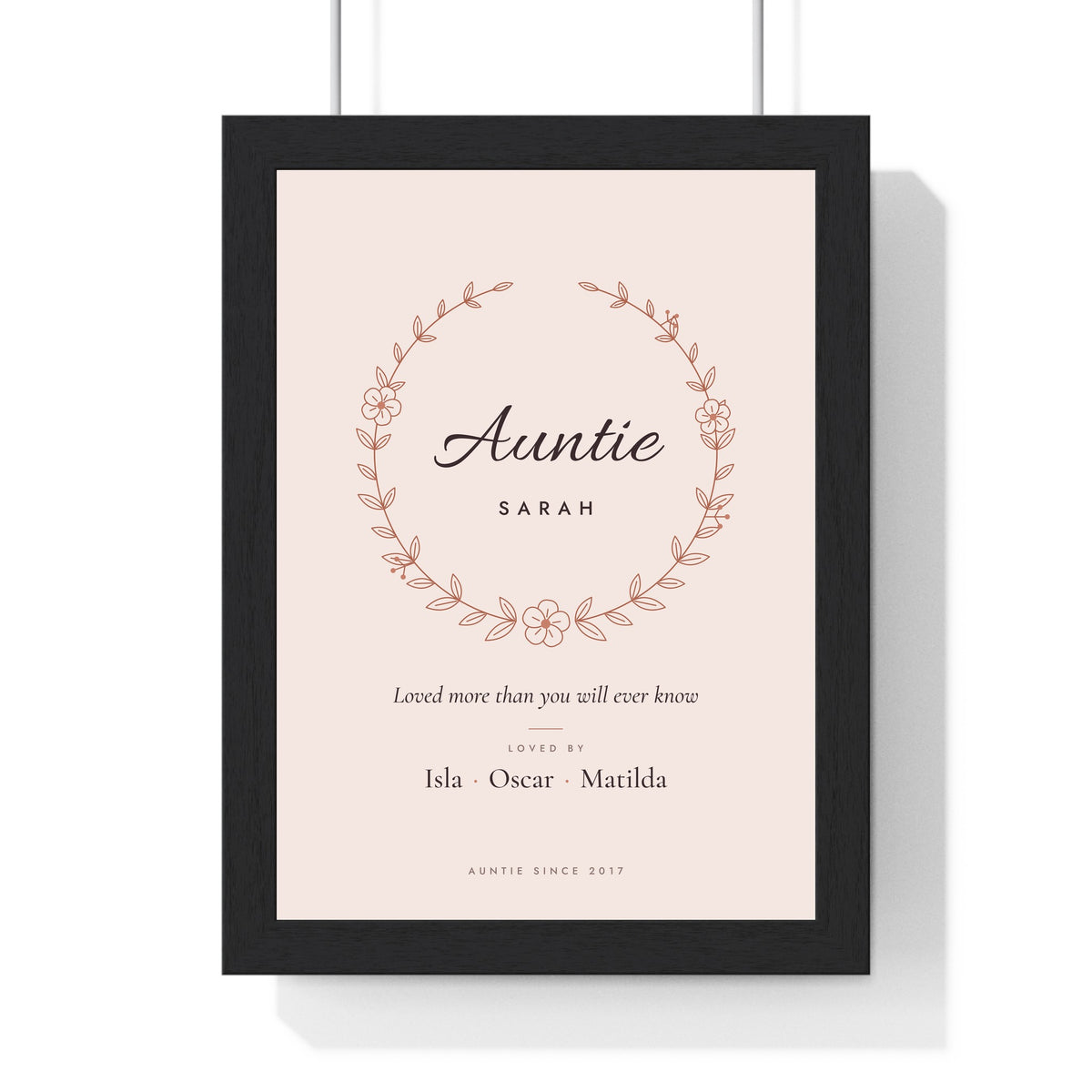 Personalised Auntie Print - framed blush floral wreath Auntie Sarah print