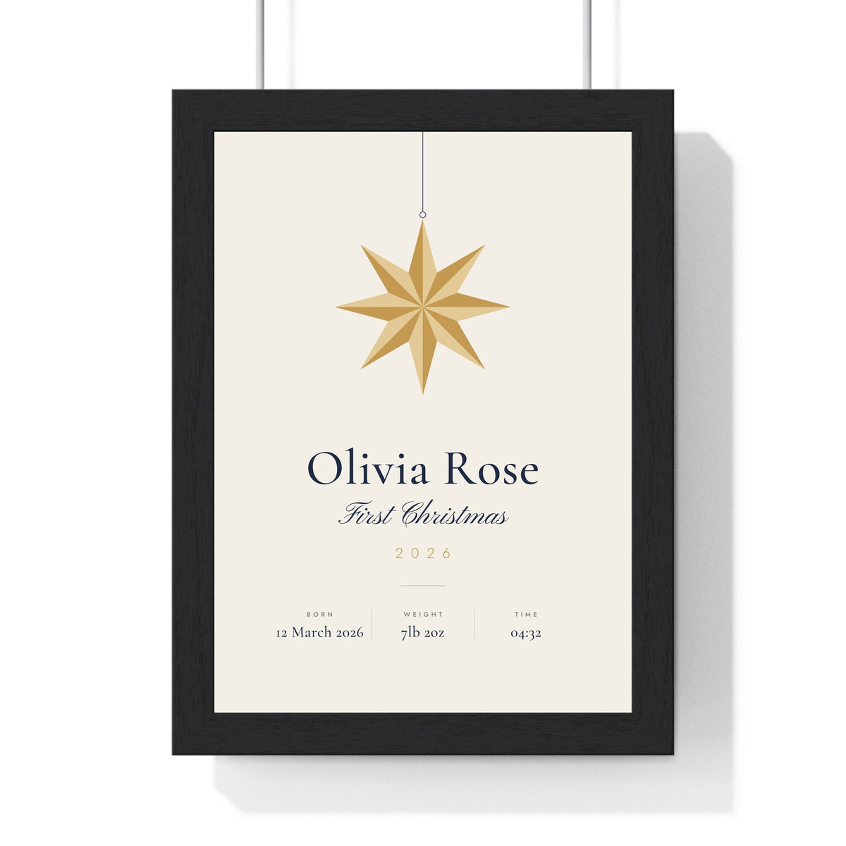Personalised Baby's First Christmas Print - framed cream baby's first Christmas print with paper star