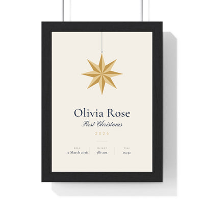 Personalised Baby's First Christmas Print - framed cream baby's first Christmas print with paper star