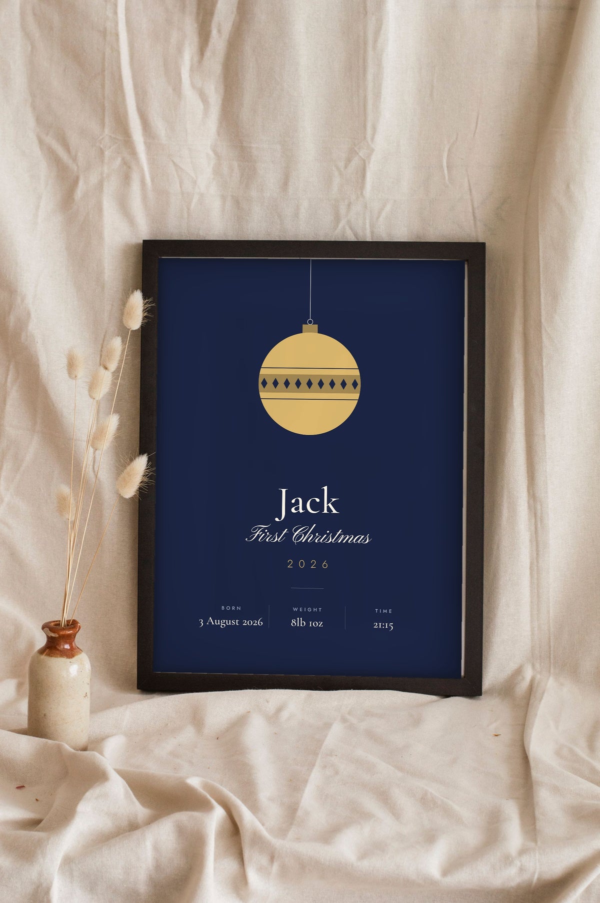 Personalised Baby's First Christmas Print - navy and gold bauble version