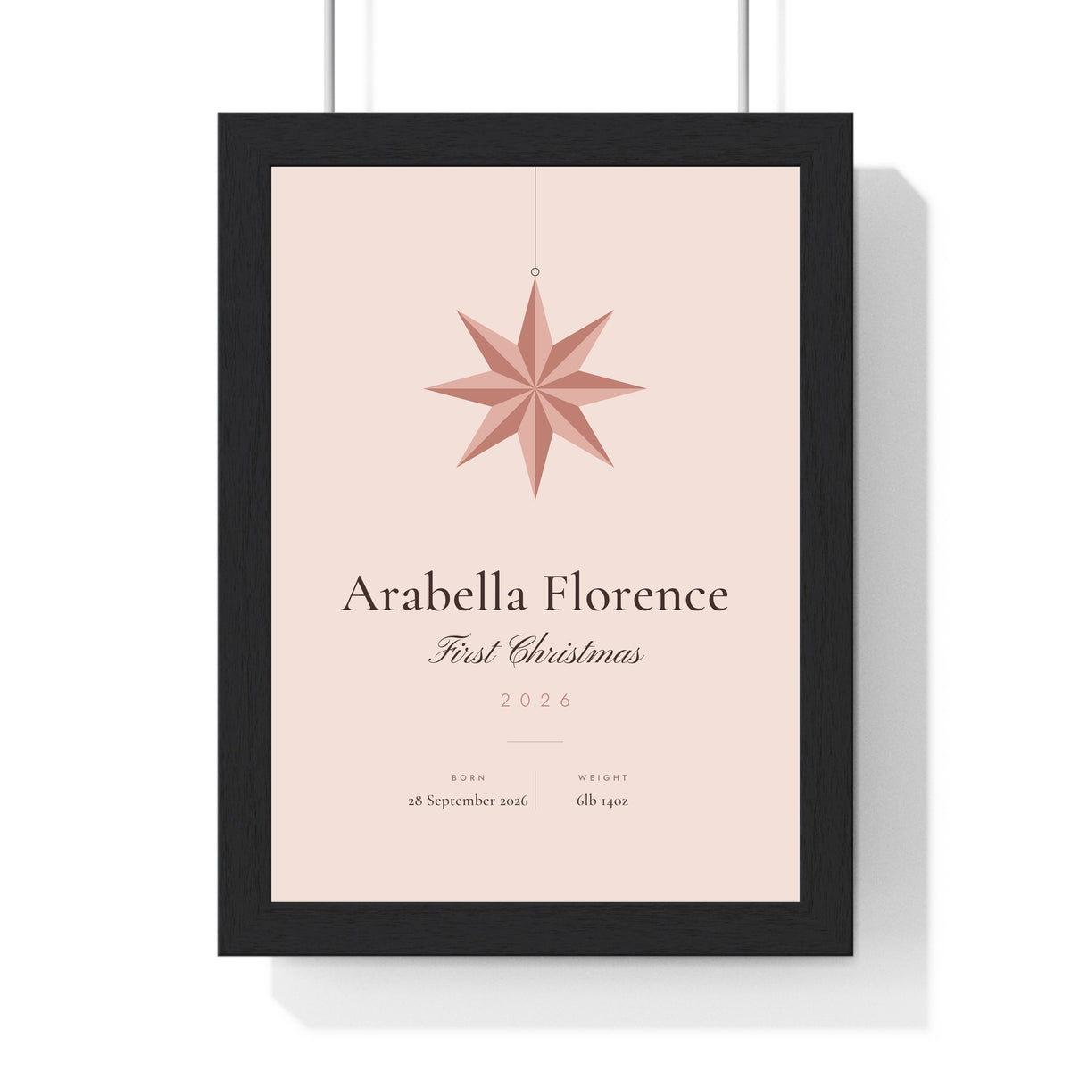 Personalised Baby's First Christmas Print - framed blush version with a long name