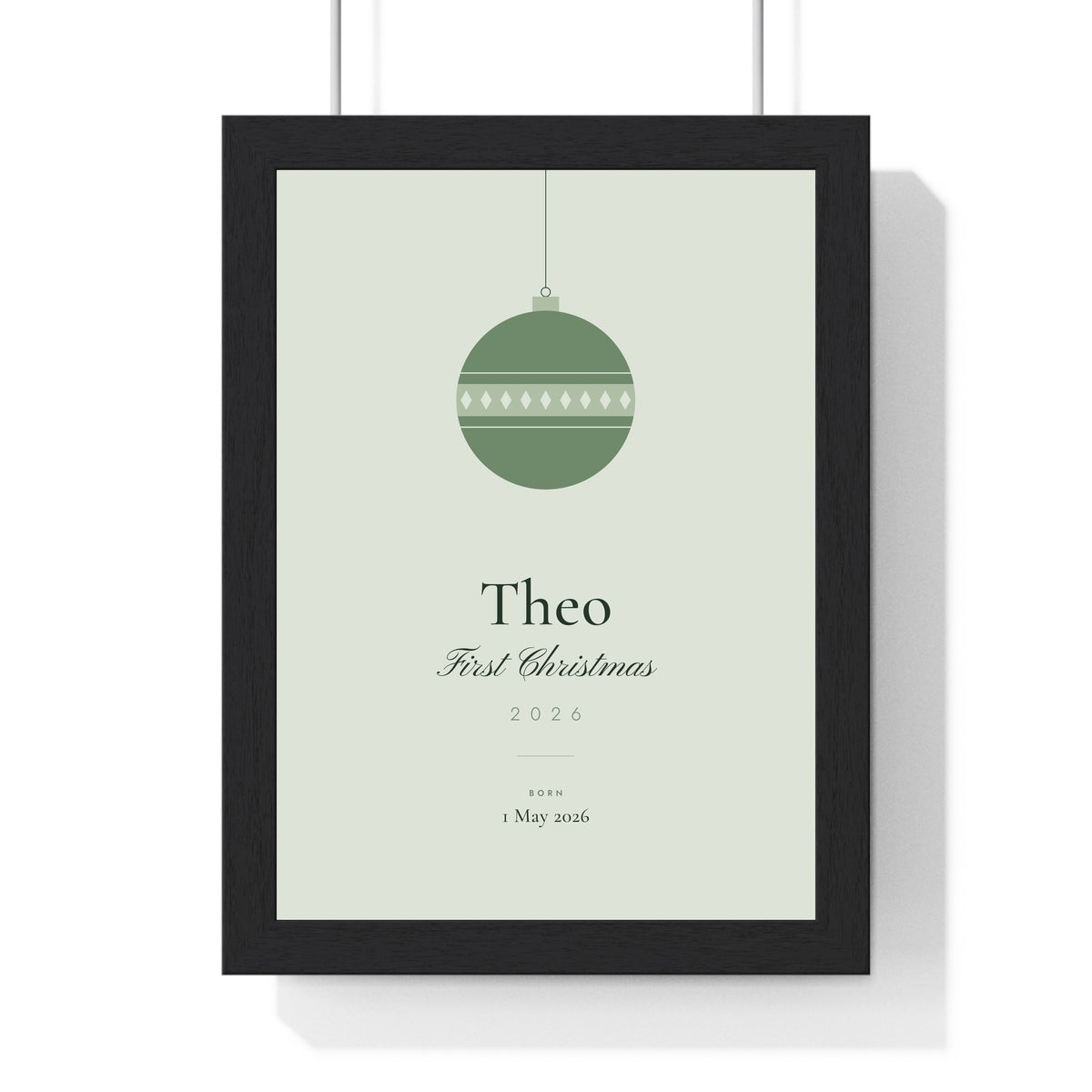 Personalised Baby's First Christmas Print - framed sage bauble version
