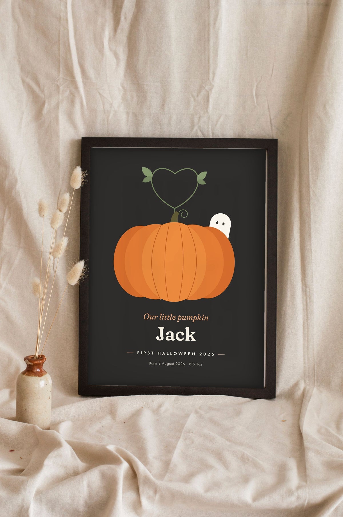 Personalised Baby's First Halloween Print - charcoal first Halloween print leaning in a frame
