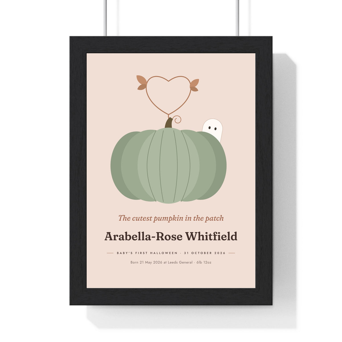 Personalised Baby's First Halloween Print - sage pumpkin on blush with a long name