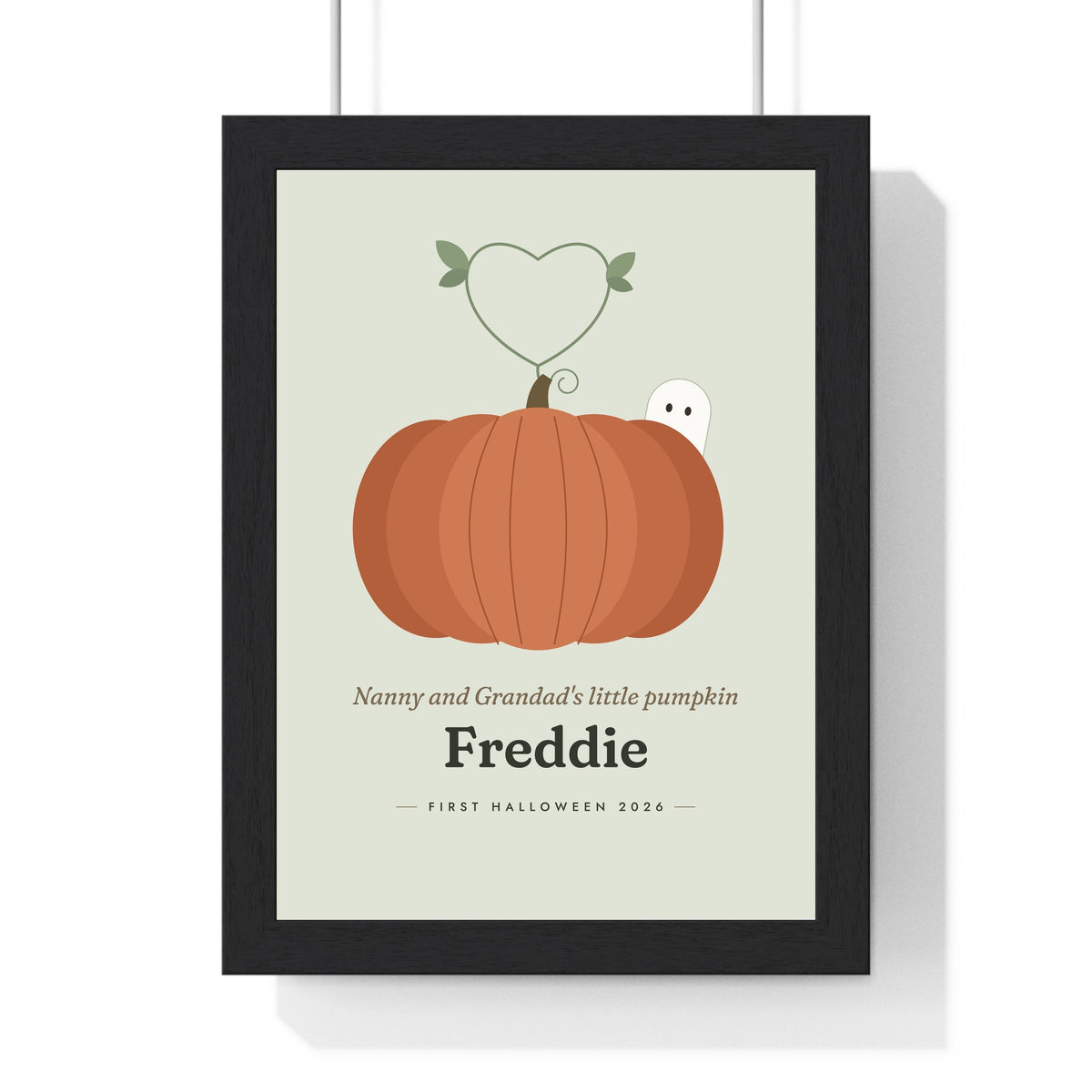 Personalised Baby's First Halloween Print - terracotta pumpkin on sage for grandparents