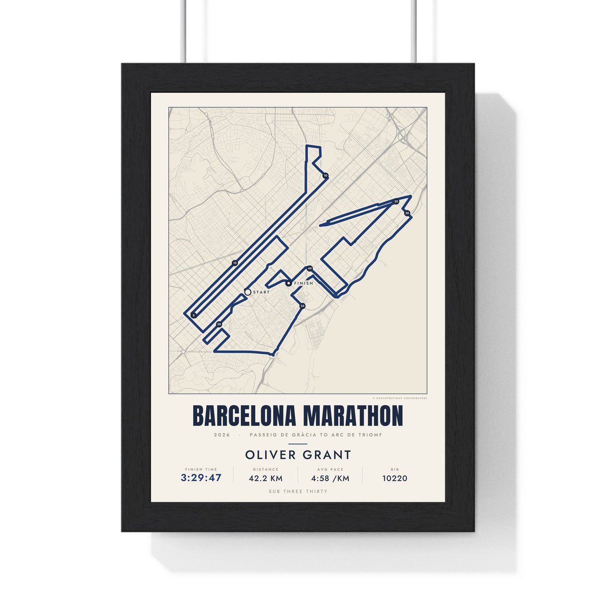 Personalised Barcelona Marathon Print - framed street map Barcelona Marathon route print with name and finish time