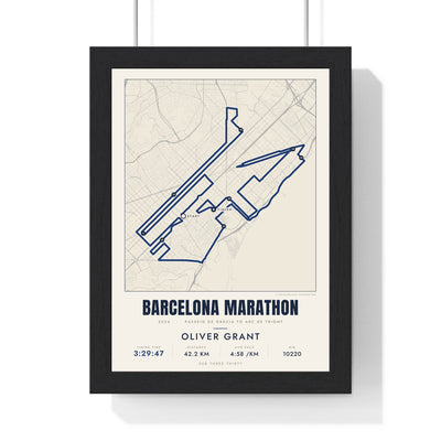 Personalised Barcelona Marathon Print - framed street map Barcelona Marathon route print with name and finish time