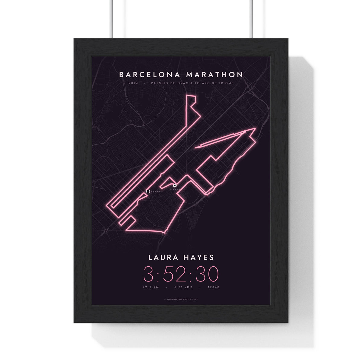 Personalised Barcelona Marathon Print - framed night style Barcelona Marathon route print