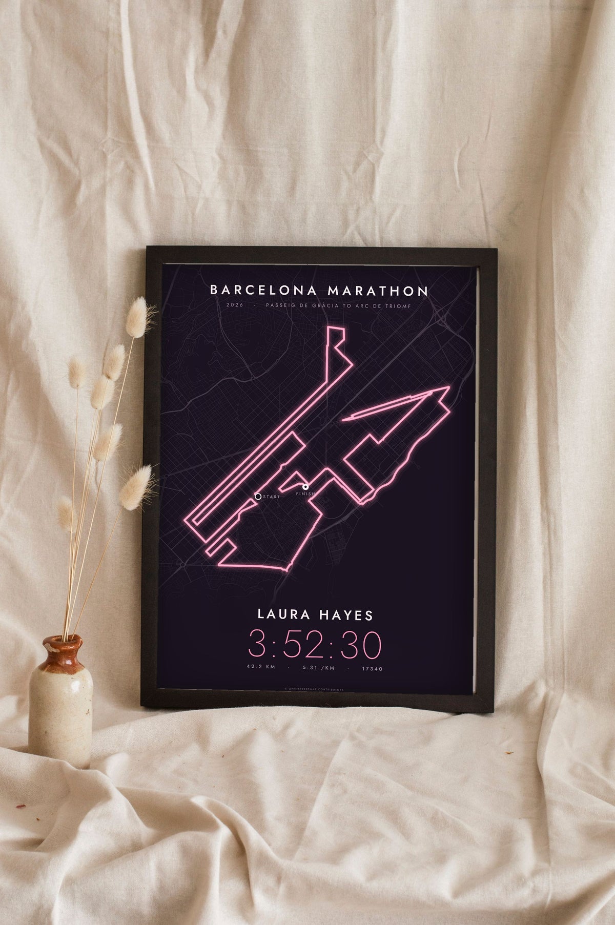Personalised Barcelona Marathon Print - night style Barcelona Marathon print, the course glowing on a dark ground