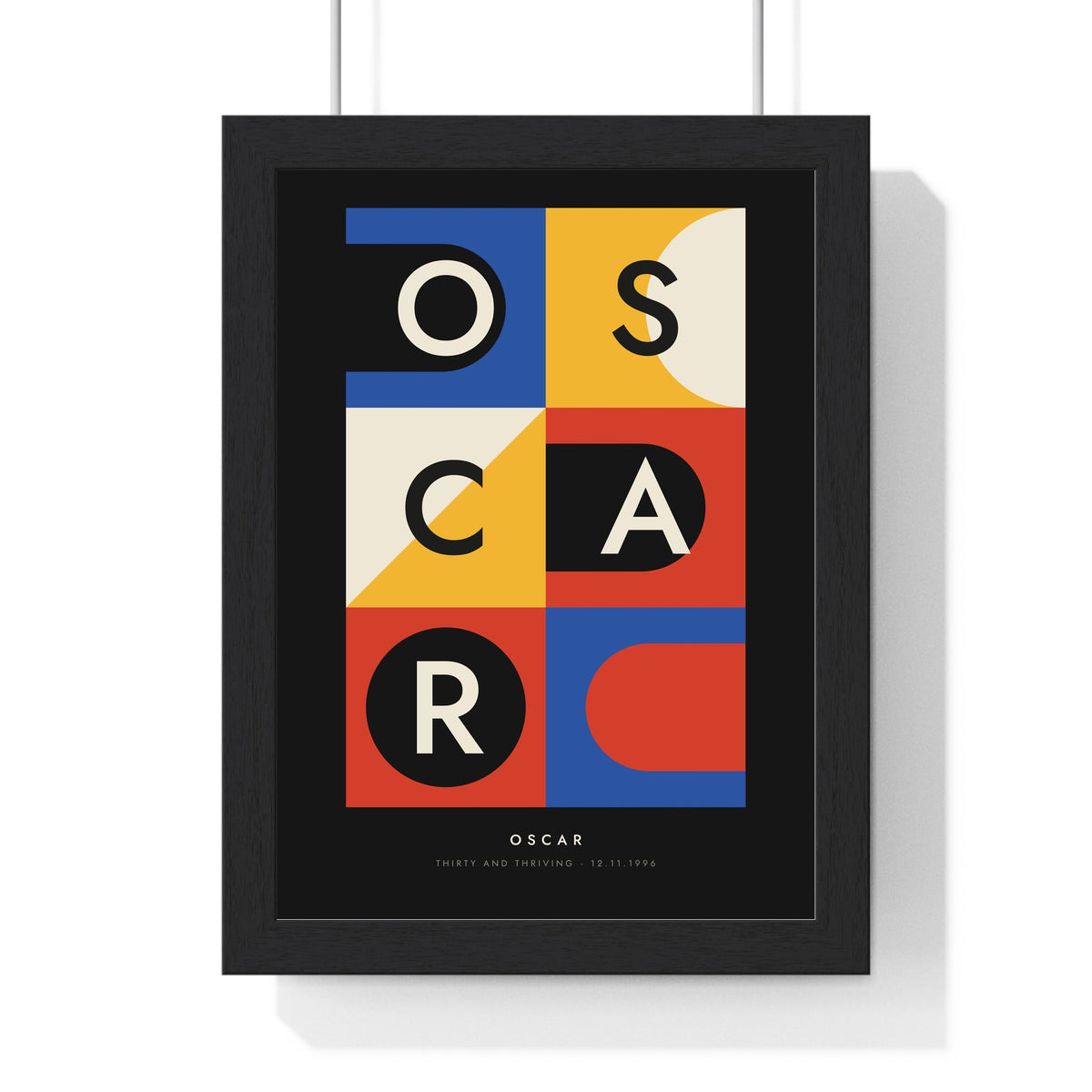 Personalised Bauhaus Name Print - framed Bauhaus Oscar birthday print on black