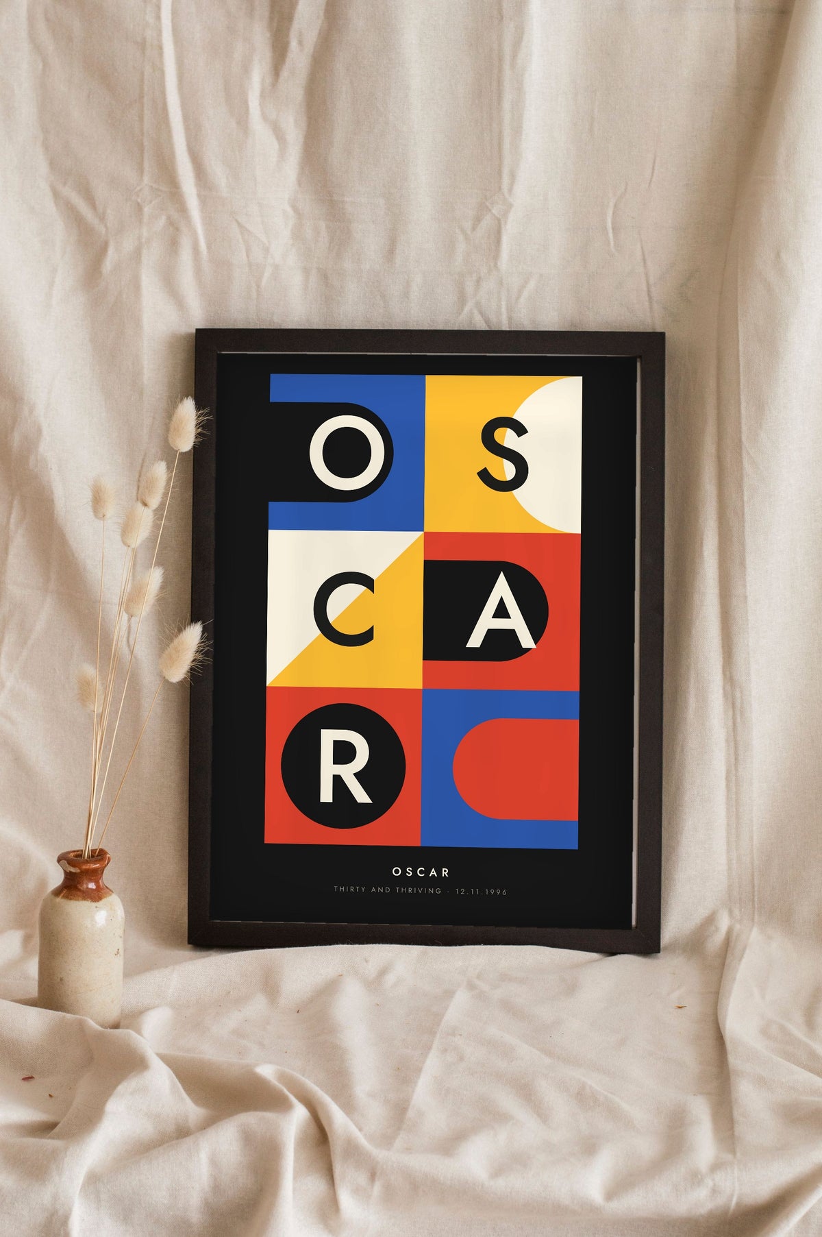 Personalised Bauhaus Name Print - Bauhaus name print on black leaning on a shelf