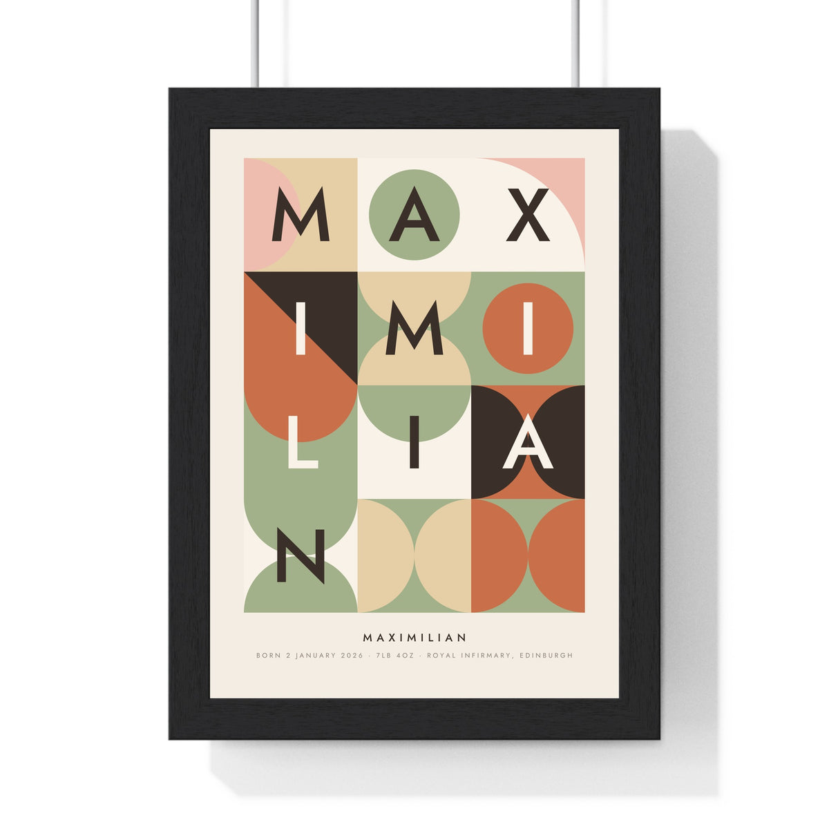 Personalised Bauhaus Name Print - framed soft terracotta Bauhaus print for Maximilian