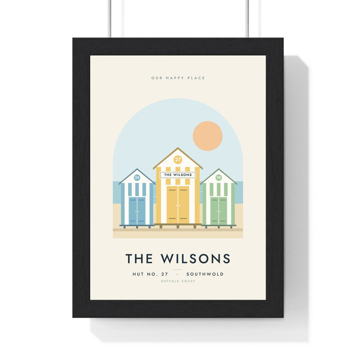 Personalised Beach Hut Print - framed pastel beach hut print for The Wilsons, hut 27 at Southwold