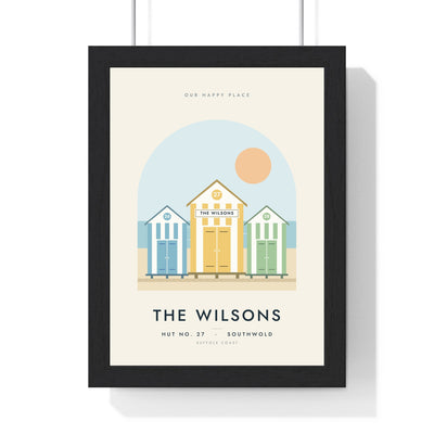 Personalised Beach Hut Print - framed pastel beach hut print for The Wilsons, hut 27 at Southwold