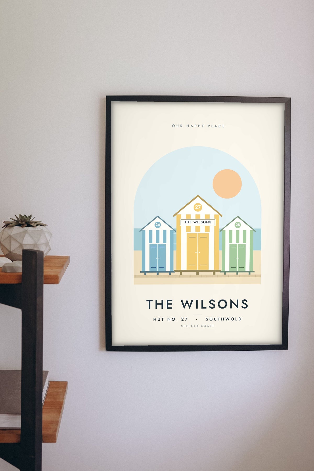 Personalised Beach Hut Print - on the living room wall
