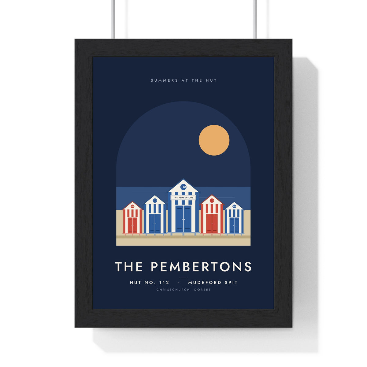 Personalised Beach Hut Print - framed navy version
