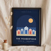 Personalised Beach Hut Print - navy and white row of five huts at Mudeford Spit