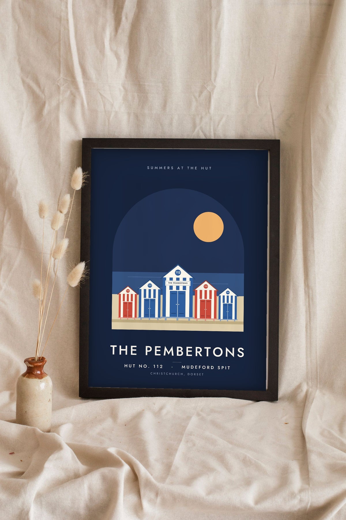 Personalised Beach Hut Print - navy and white row of five huts at Mudeford Spit