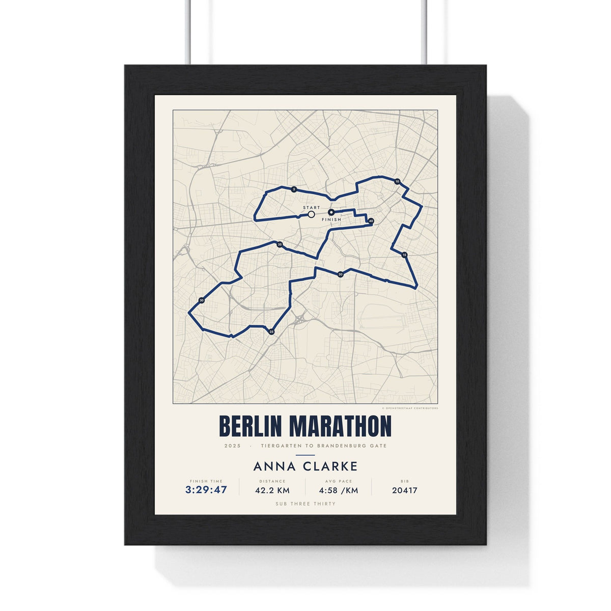 Personalised Berlin Marathon Print - framed street map Berlin Marathon route print with name and finish time