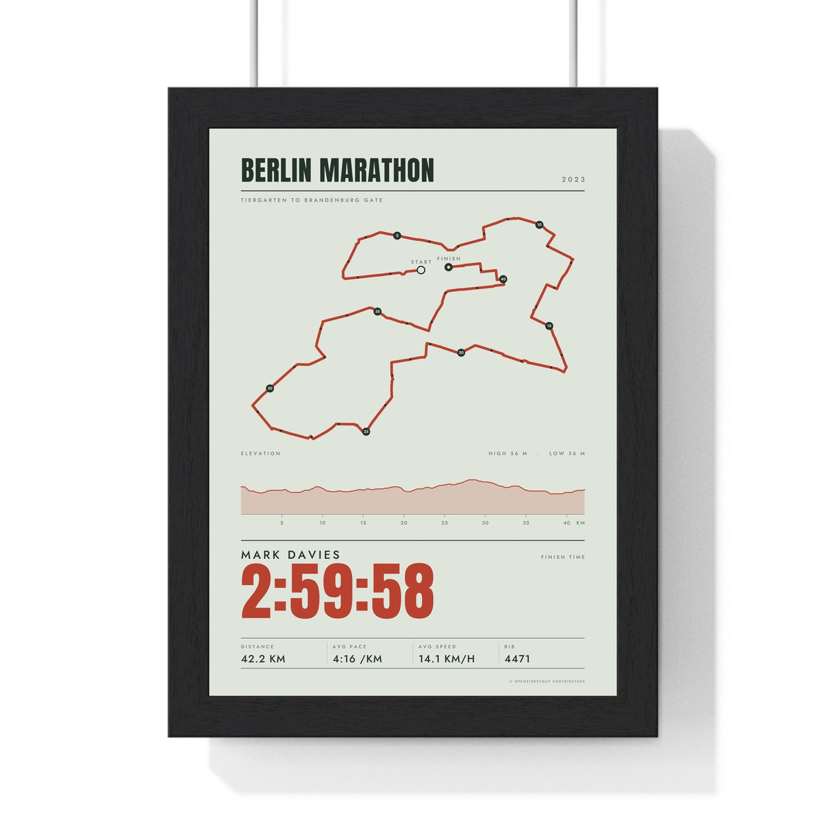 Personalised Berlin Marathon Print - framed stats style Berlin Marathon print with elevation profile