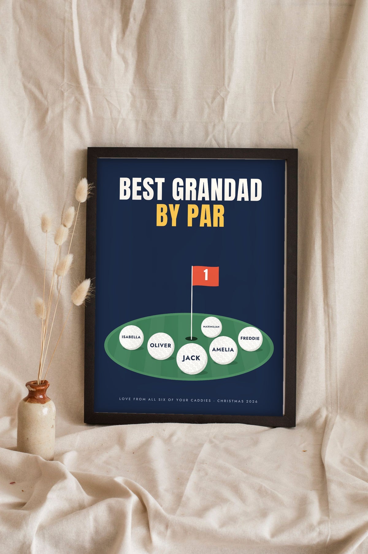 Personalised Best Dad By Par Golf Print - navy Best Grandad By Par print with six balls leaning on a shelf