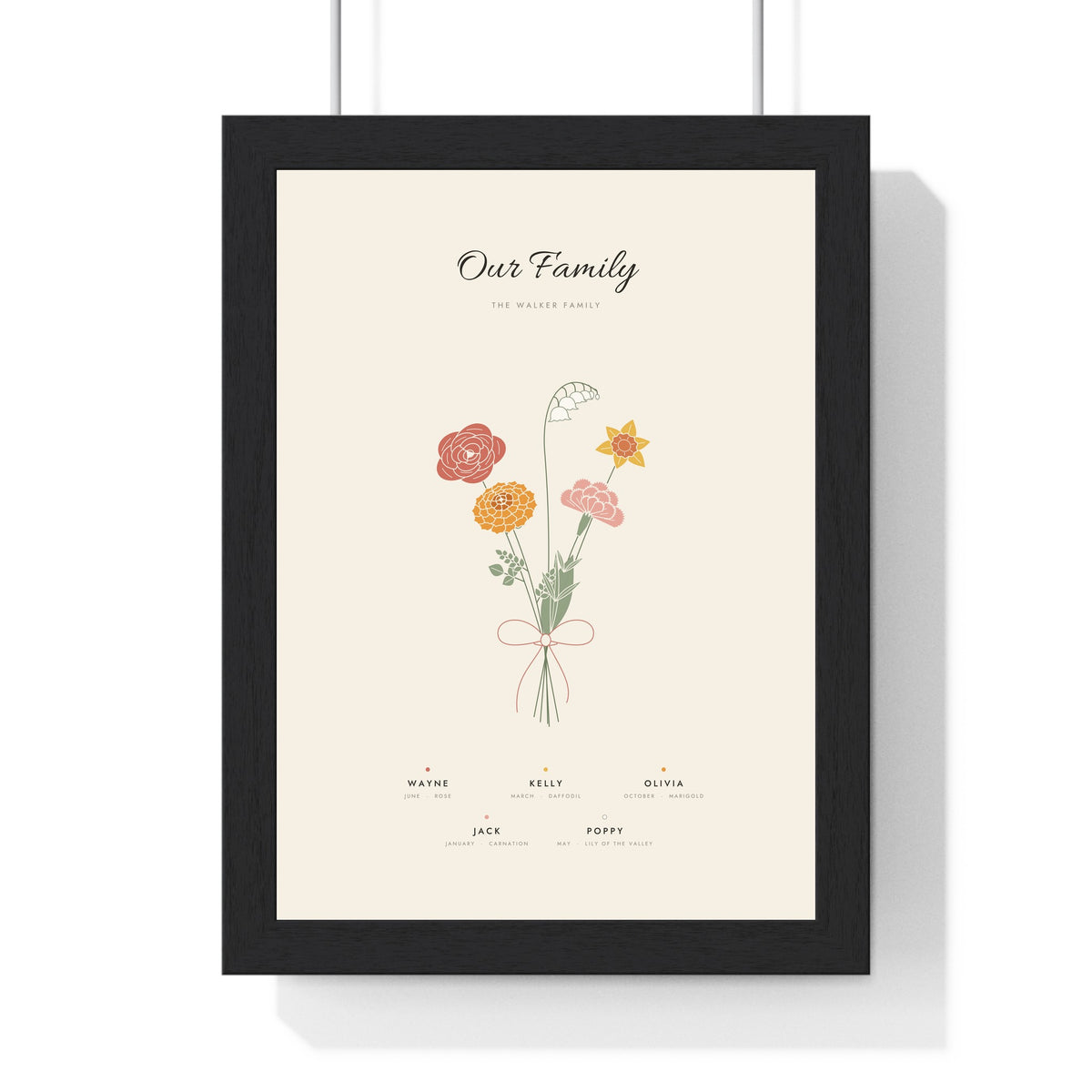 Personalised Birth Flower Family Print - framed cream bouquet of five family birth flowers