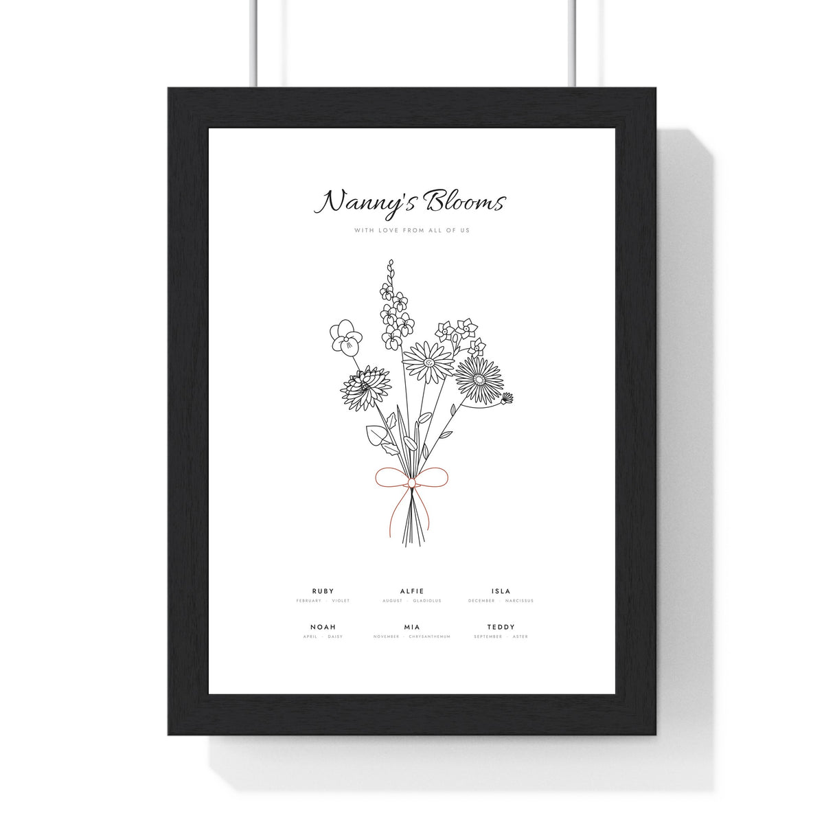 Personalised Birth Flower Family Print - fine line version for Nan