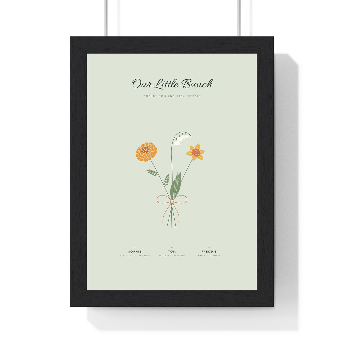Personalised Birth Flower Family Print - framed sage version for a young family