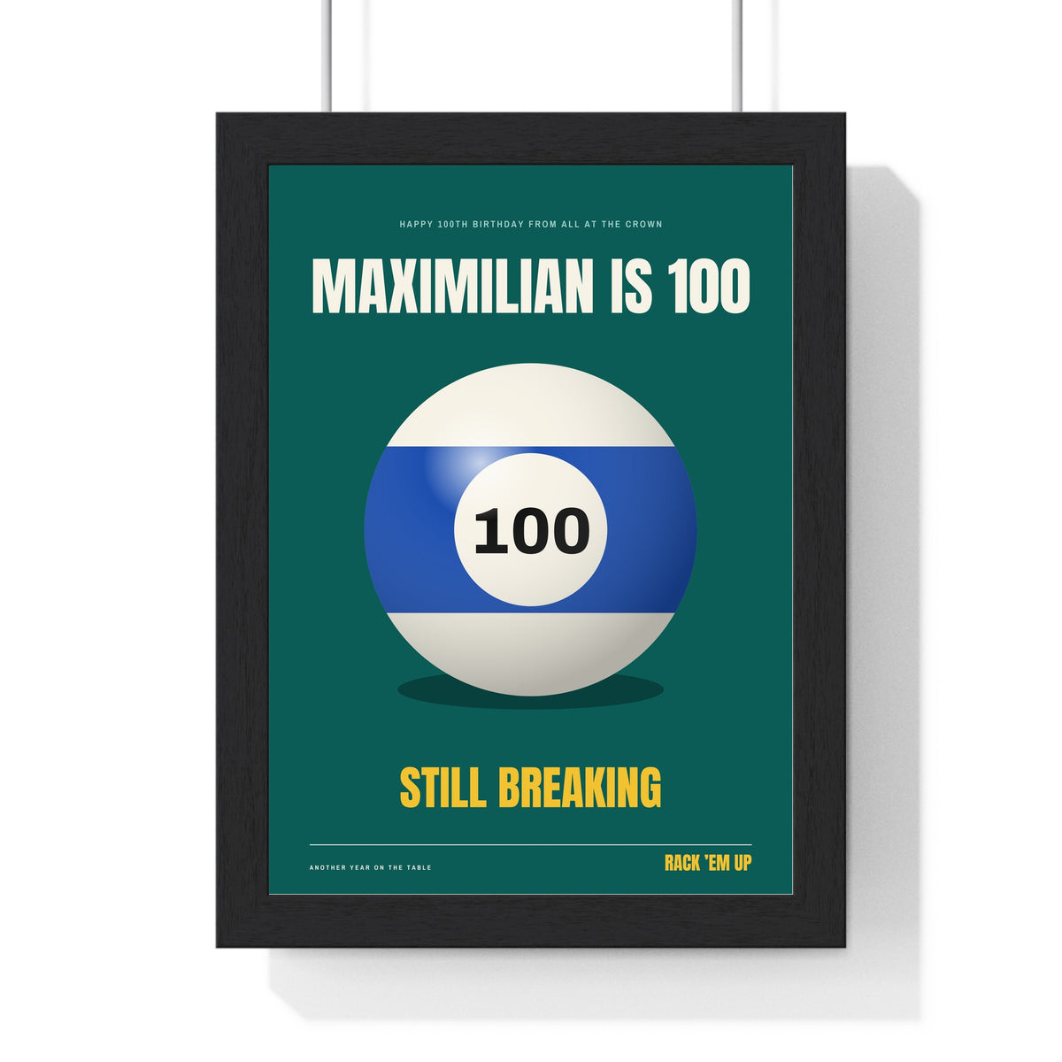 Personalised Birthday Pool Ball Print - framed teal baize version for a 100th birthday