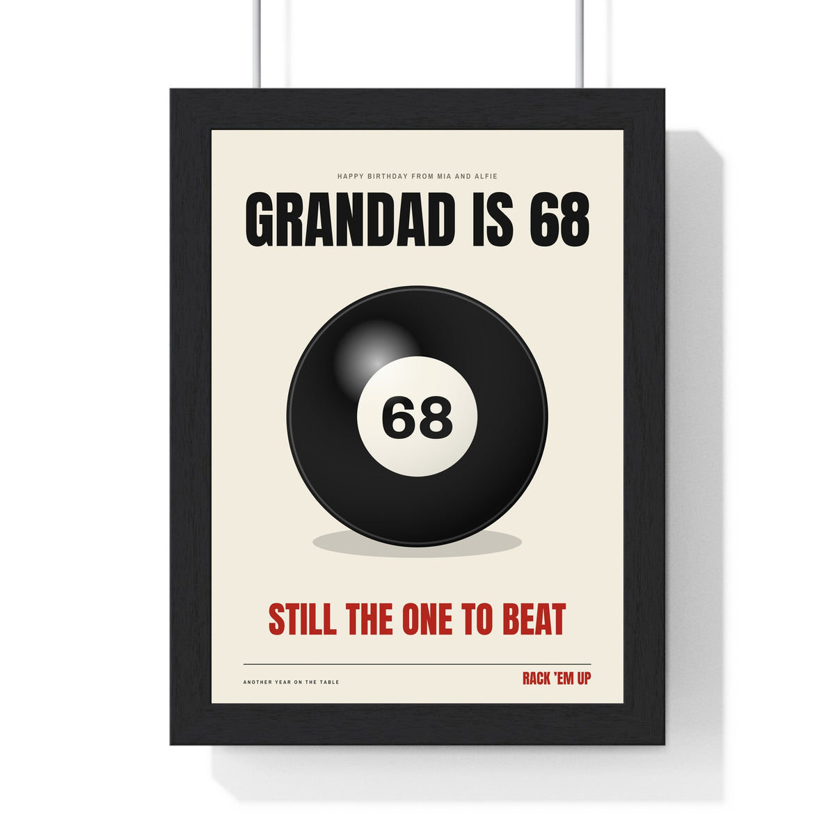 Personalised Birthday Pool Ball Print - framed cream version for grandad at 68