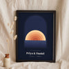 Personalised Boho Sunset Arch Print - midnight sunset arch anniversary print leaning on a shelf