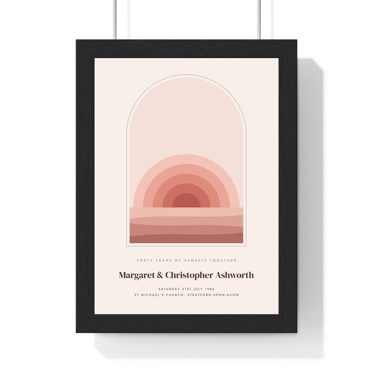 Personalised Boho Sunset Arch Print - framed blush ruby anniversary sunset arch print