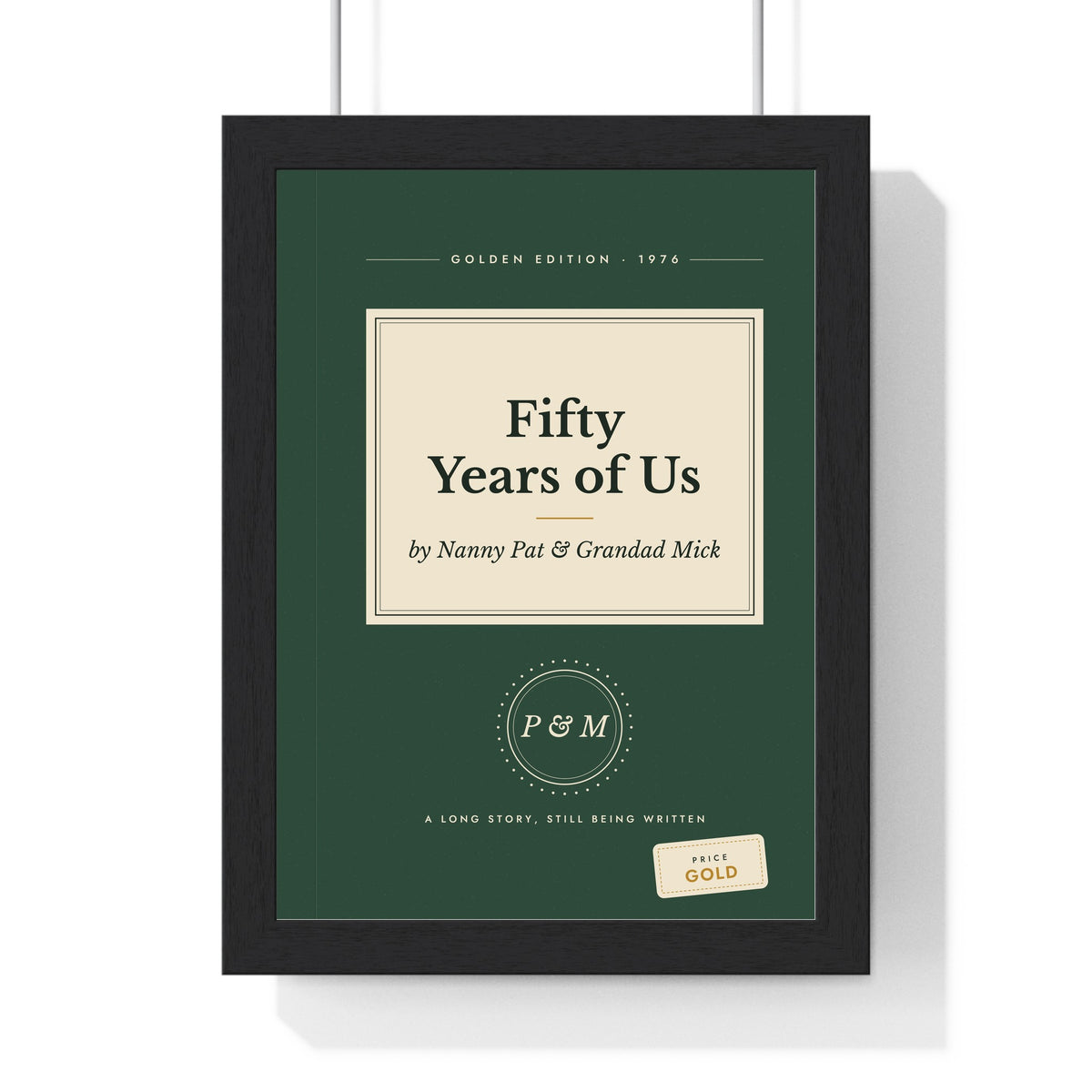Personalised Book Cover Print - framed forest green golden anniversary version