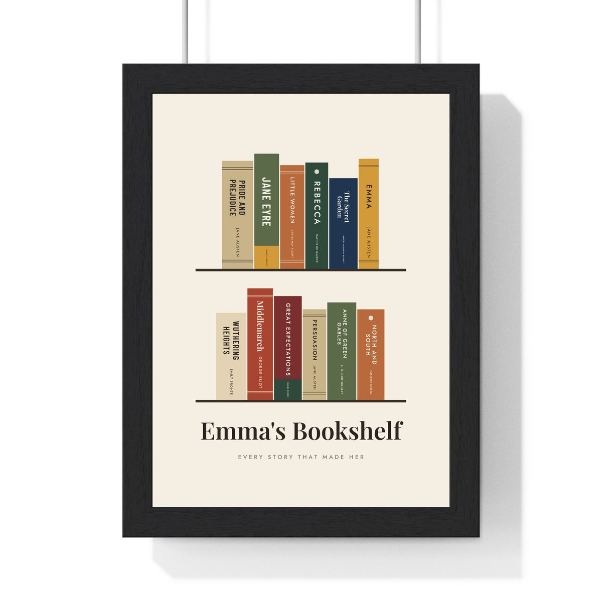 Personalised Bookshelf Print - framed warm library bookshelf print of classic novels