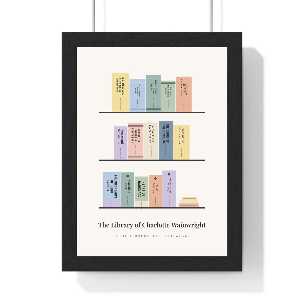 Personalised Bookshelf Print - framed modern pastel version with fifteen books