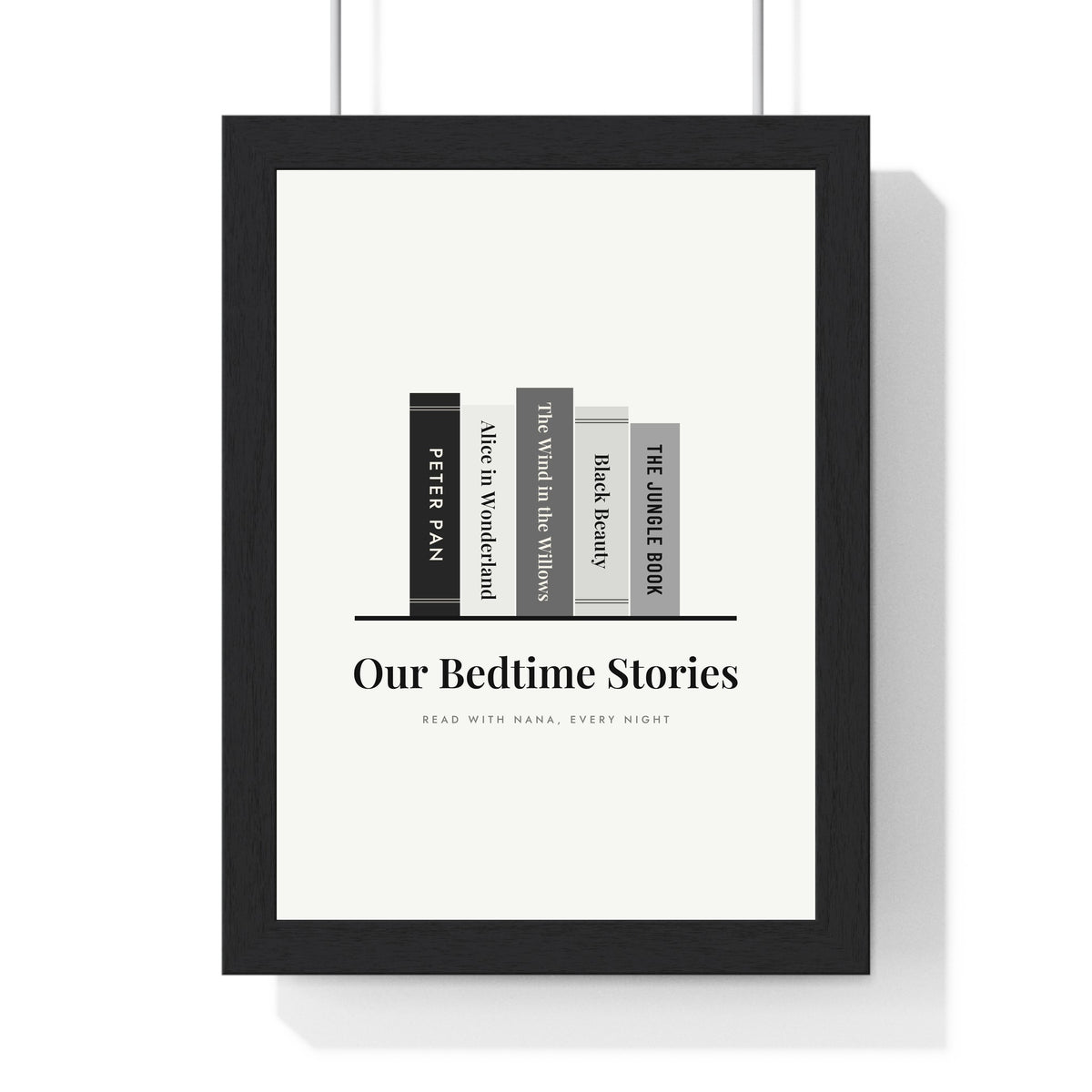 Personalised Bookshelf Print - framed monochrome bedtime stories version